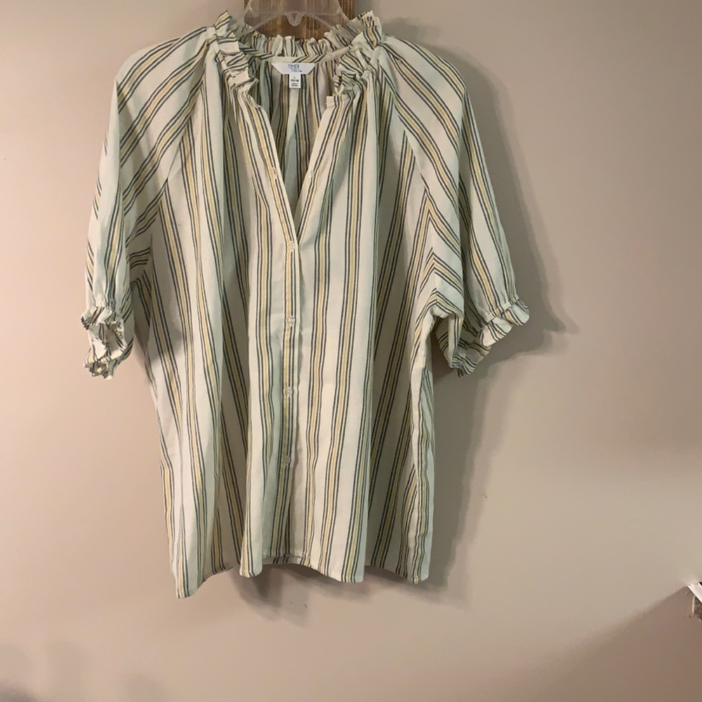 Time & True cream, grey & yellow striped top, (L)